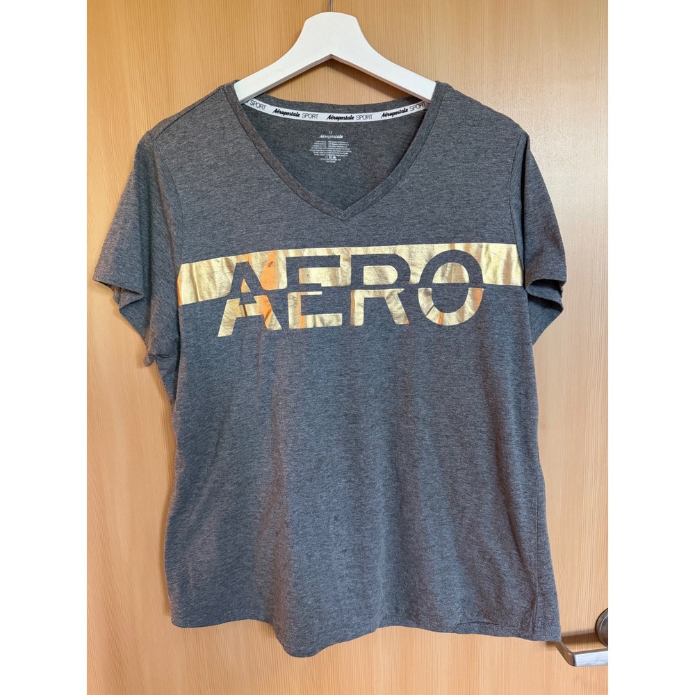 Aeropostale Sport Womens 1X T-Shirt Gray Gold Foil Logo v-Neck